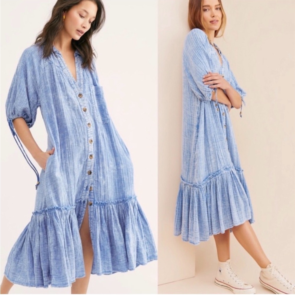Free People Light Blue Button-Front Tiered Midi Dress